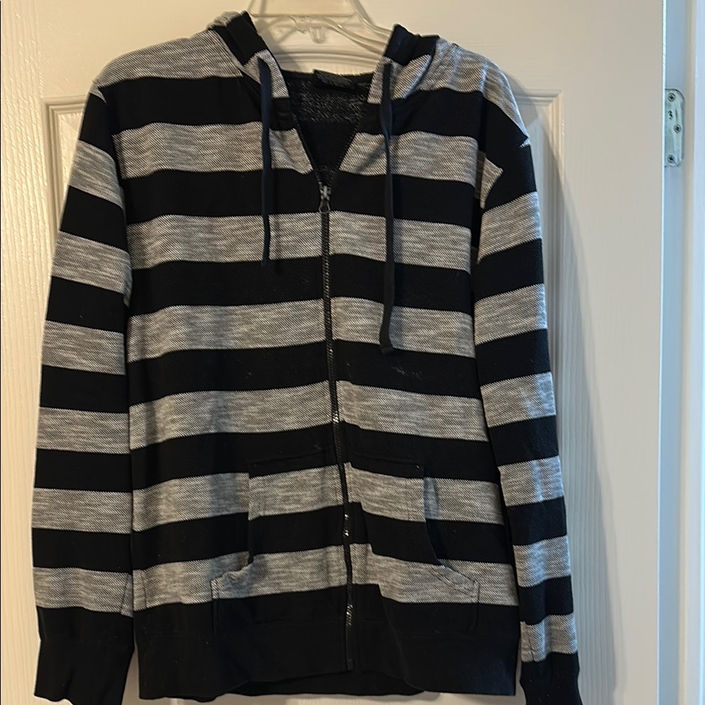 Black and Grey Striped Zip Up Sweater with Hood
